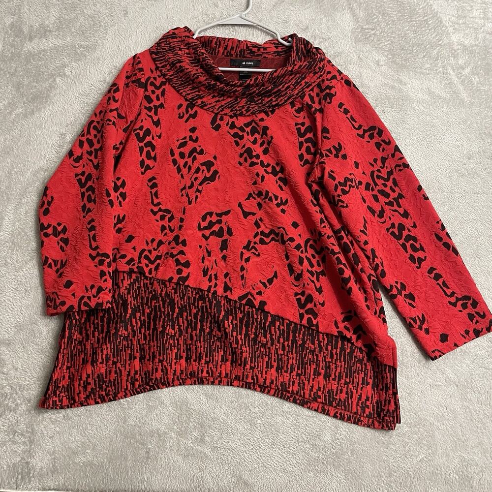 Ali Miles Top Women 1X Plus Red Black Cowl Neck Asymmetrical Abstract Textured